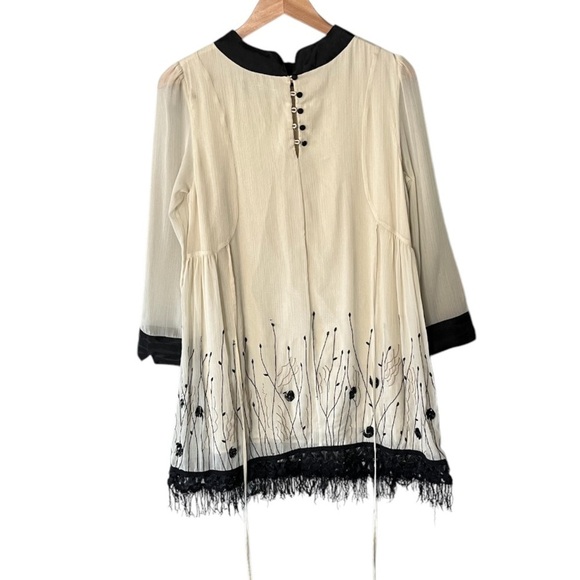 Twin-Set Simona Barbieri Ecru Black Floral Beaded Tassel Tie Back Dress - Picture 3 of 12